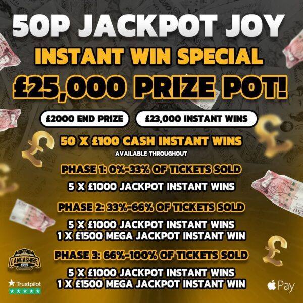 £0.50 jackpot joy instant win special with a £23,000 prize pot of instant wins and a £2,000 main prize with Lancashire Competitions